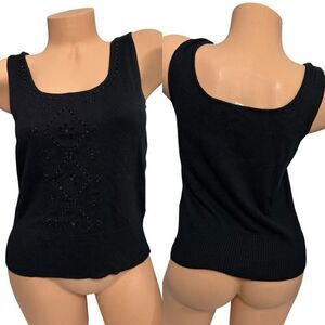 Sigrid Olsen Petite Small Silk Black Beaded Eyelet Knit‎ Sweater Tank Top Vest